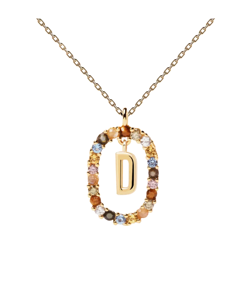 Collar P D Paola, letra D, con baño de oro de 18k.