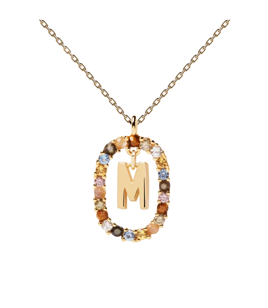 Collar P D Paola, letra M, con baño de oro de 18k.