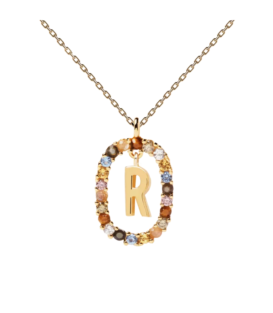 Collar P D Paola, letra R, con baño de oro de 18k.