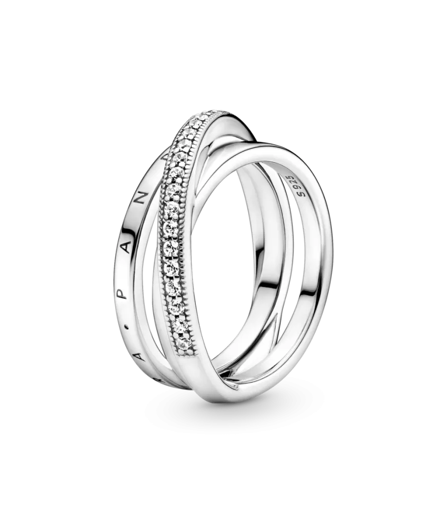 Anillo en plata de ley Cruzado Triple Banda en Pavé