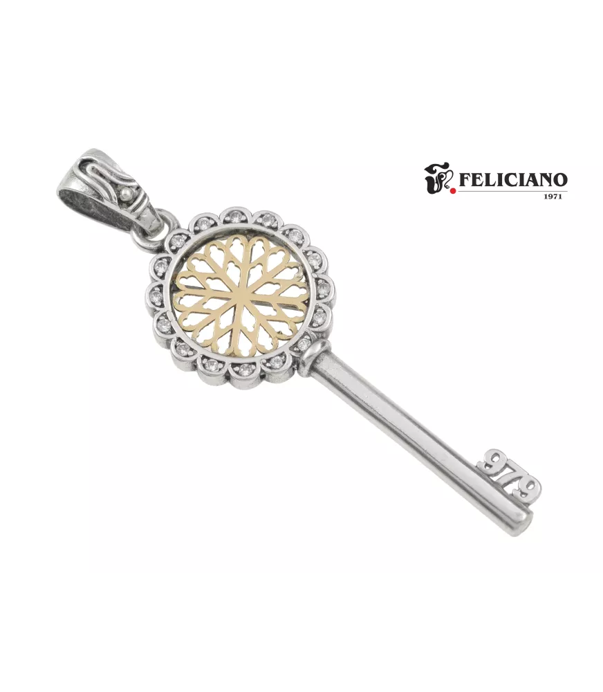 Colgante Llave grande en plata y oro, bisel 16 circonitas.