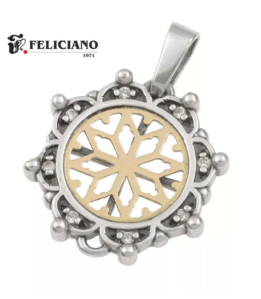 Colgante Rosetón pequeño, bisel puntos, en plata y oro.