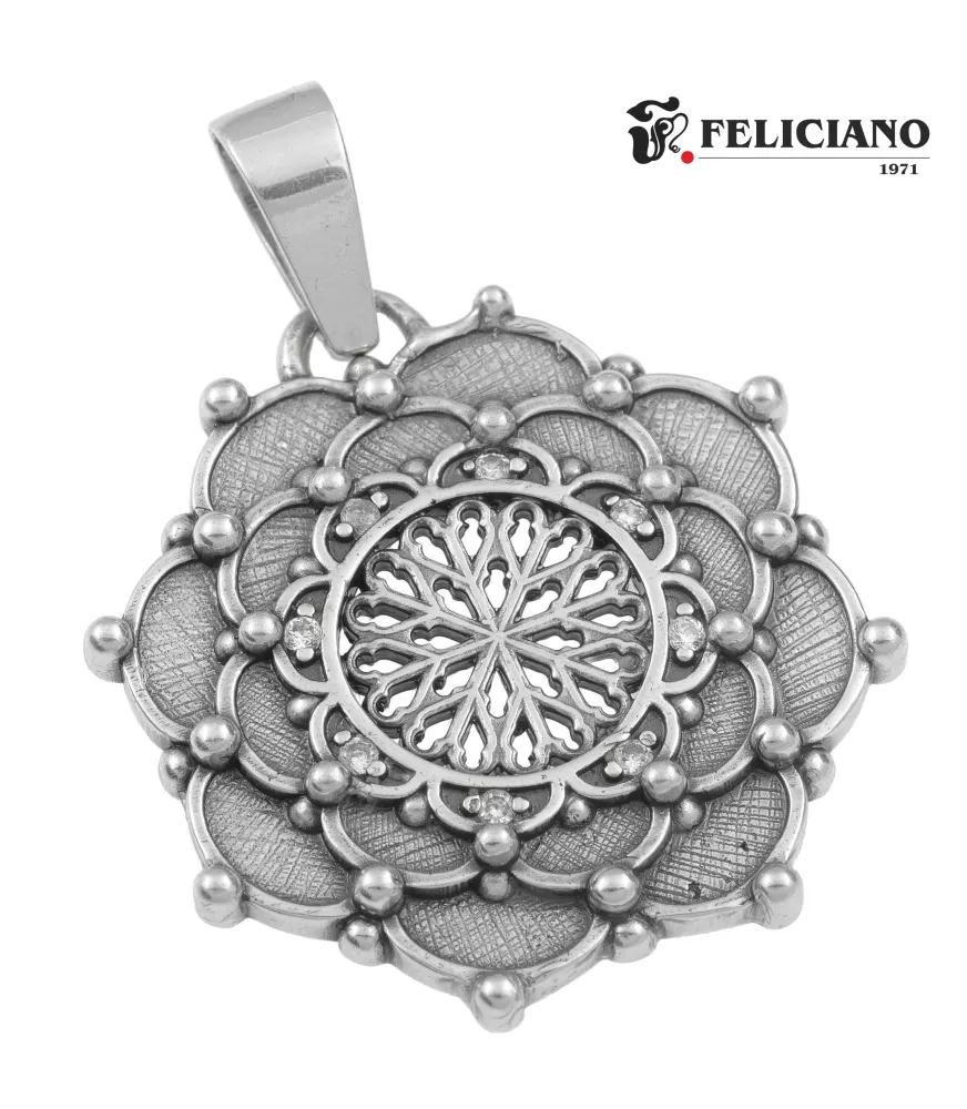 Colgante Rosetón grande, bisel puntos, en plata 