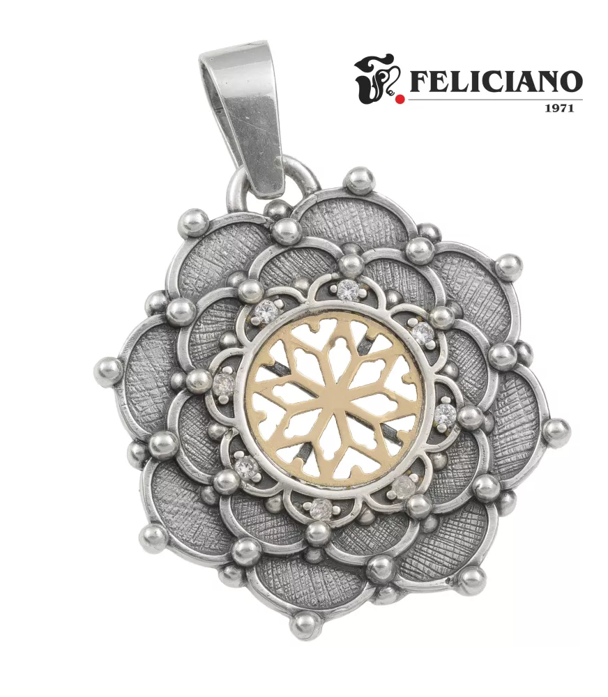 Colgante Rosetón grande, bisel puntos, en plata y oro
