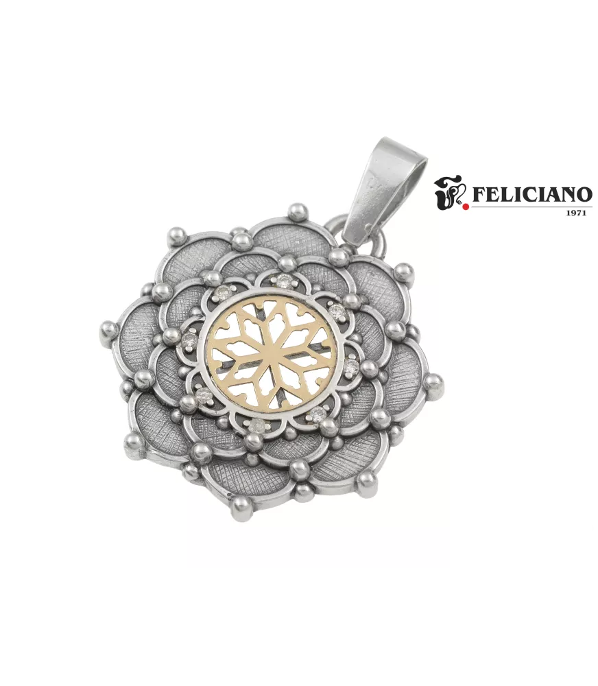 Colgante Rosetón grande, bisel puntos, en plata y oro