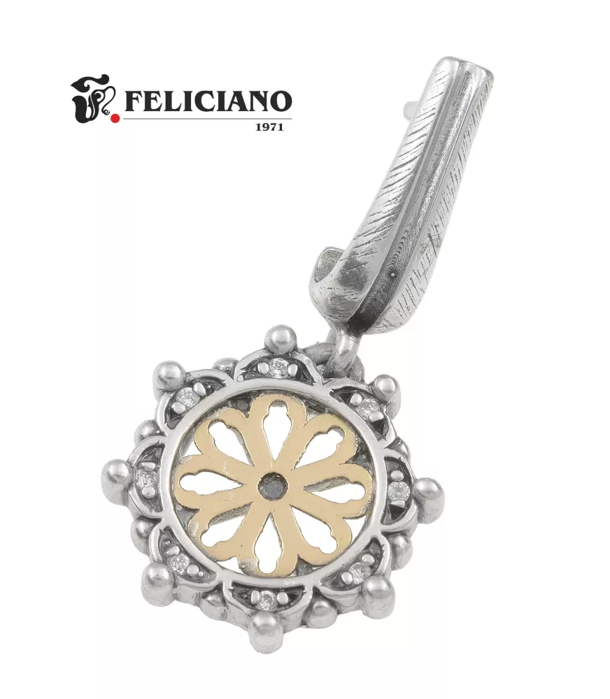 Pendientes rosetón largo, en plata y oro de 18k, con bisel circonitas y puntos.