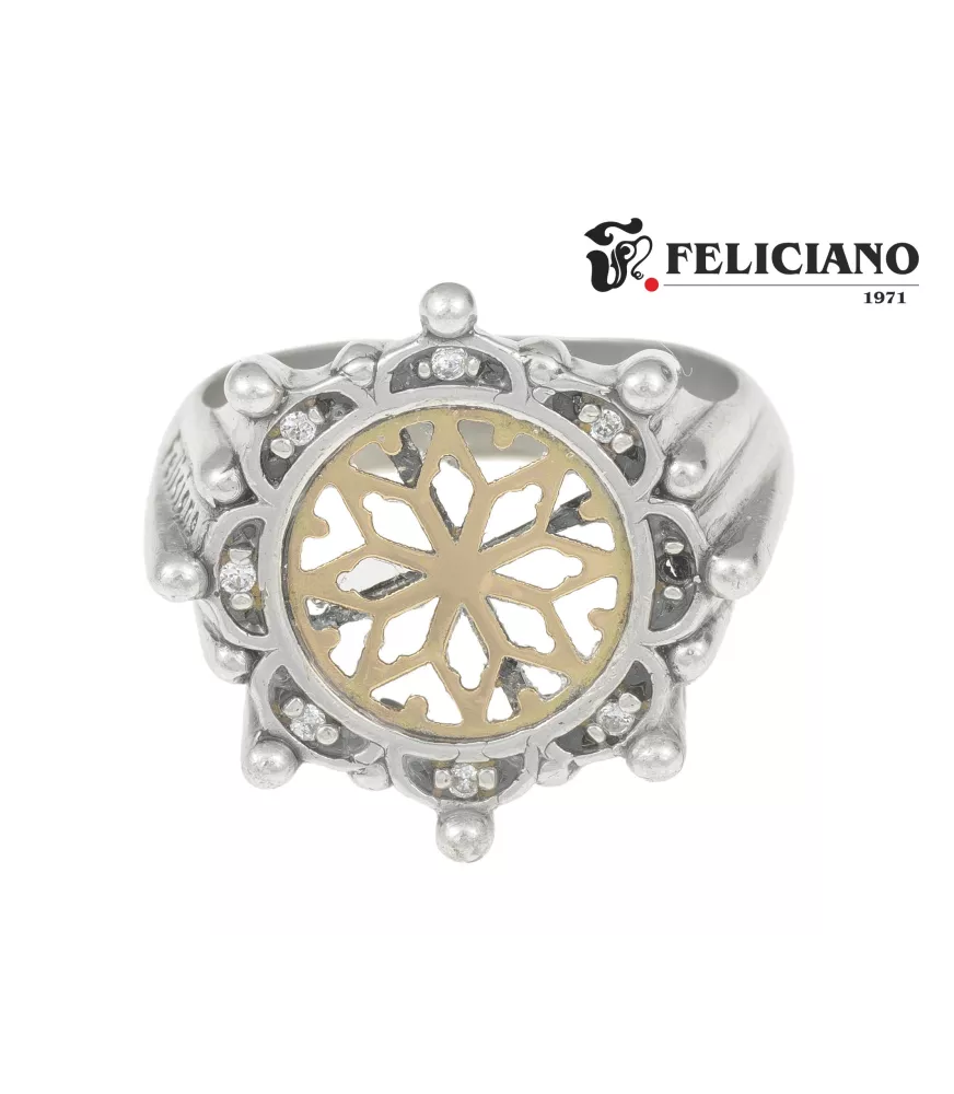 Anillo rosetón grande, en plata y oro, con bisel circonitas y puntos