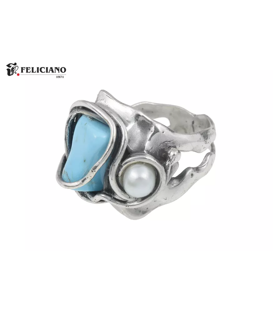 Anillo de plata, turquesa y perla