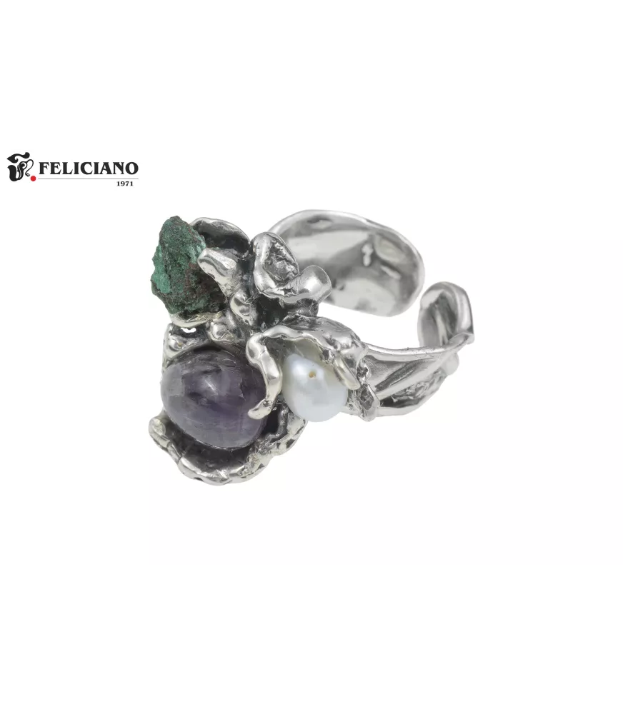 Anillo de plata, amatista, malaquita y perla