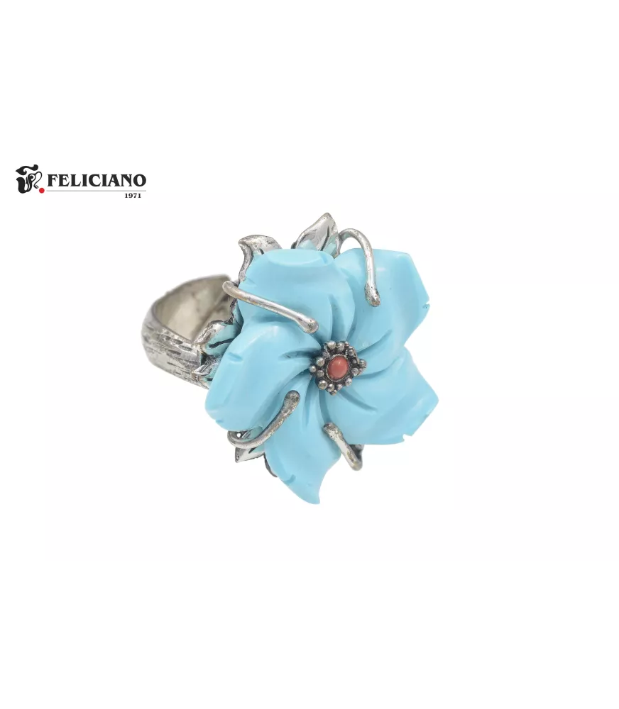 Anillo de plata, flor turquesa.
