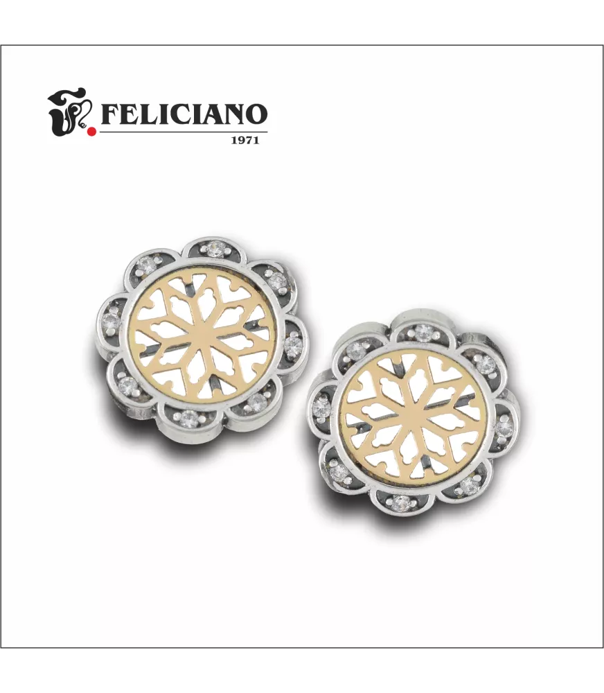 Pendientes rosetón grande en plata y oro de 18k, con bisel de 8 circonitas.