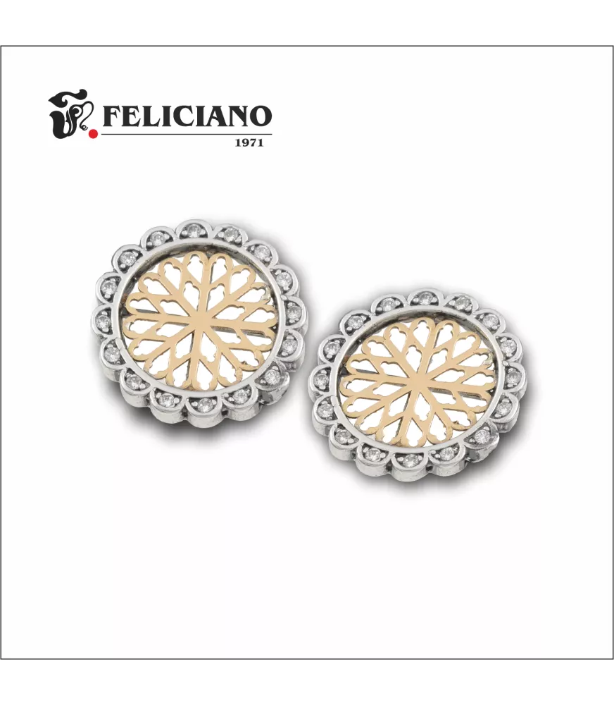 Pendientes rosetón grande en plata y oro de 18k, con bisel de 16 circonitas.