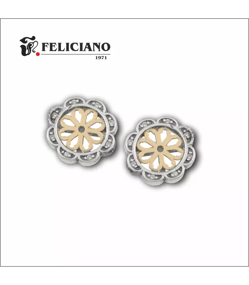 Pendientes rosetón pequeño en plata y oro de 18k, con bisel de 8 circonitas.