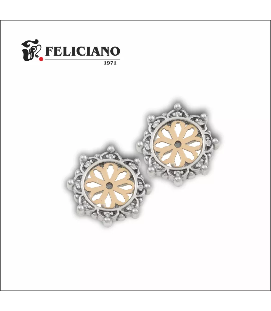 Pendientes rosetón pequeño en plata y oro de 18k, con bisel de 8 circonitas y puntos.