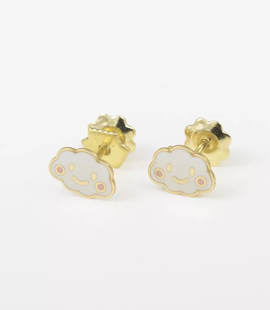 PENDIENTE DE BEBE ORO 18 KTS NUBE ESMALTE BLANCO