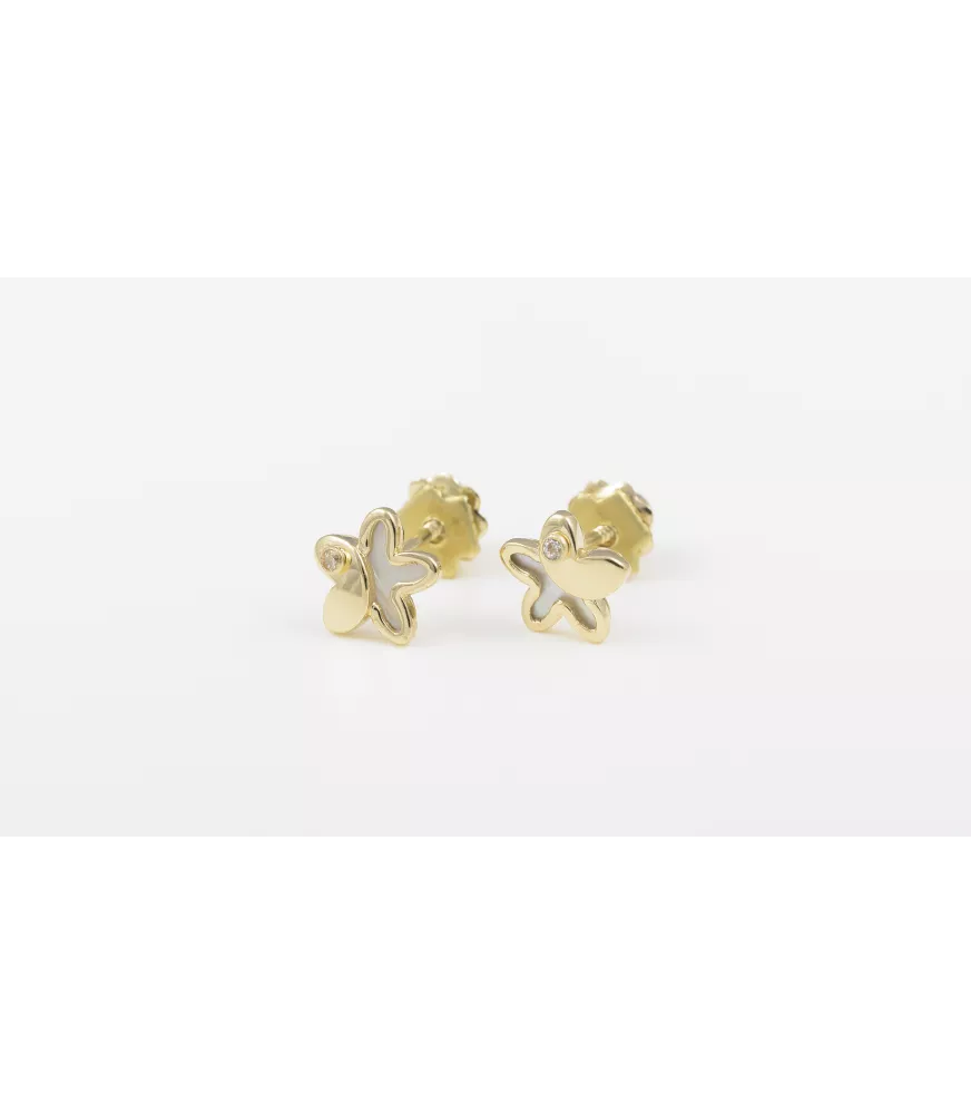 PENDIENTE DE BEBE ORO 18 KTS FLOR NACAR Y CIRCONITA