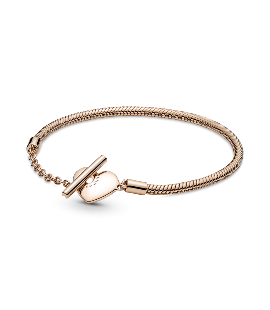 Pulsera Pandora Moments Cadena de Serpiente con un recubrimiento en oro rosa de 14k con Cierre en T y Corazón