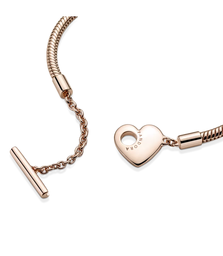 Pulsera Pandora Moments Cadena de Serpiente con un recubrimiento en oro rosa de 14k con Cierre en T y Corazón