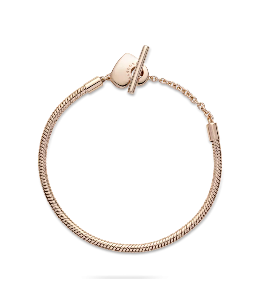 Pulsera Pandora Moments Cadena de Serpiente con un recubrimiento en oro rosa de 14k con Cierre en T y Corazón