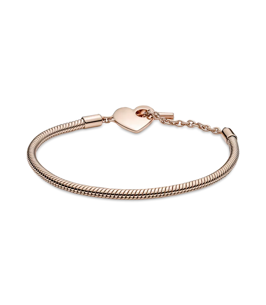 Pulsera Pandora Moments Cadena de Serpiente con un recubrimiento en oro rosa de 14k con Cierre en T y Corazón