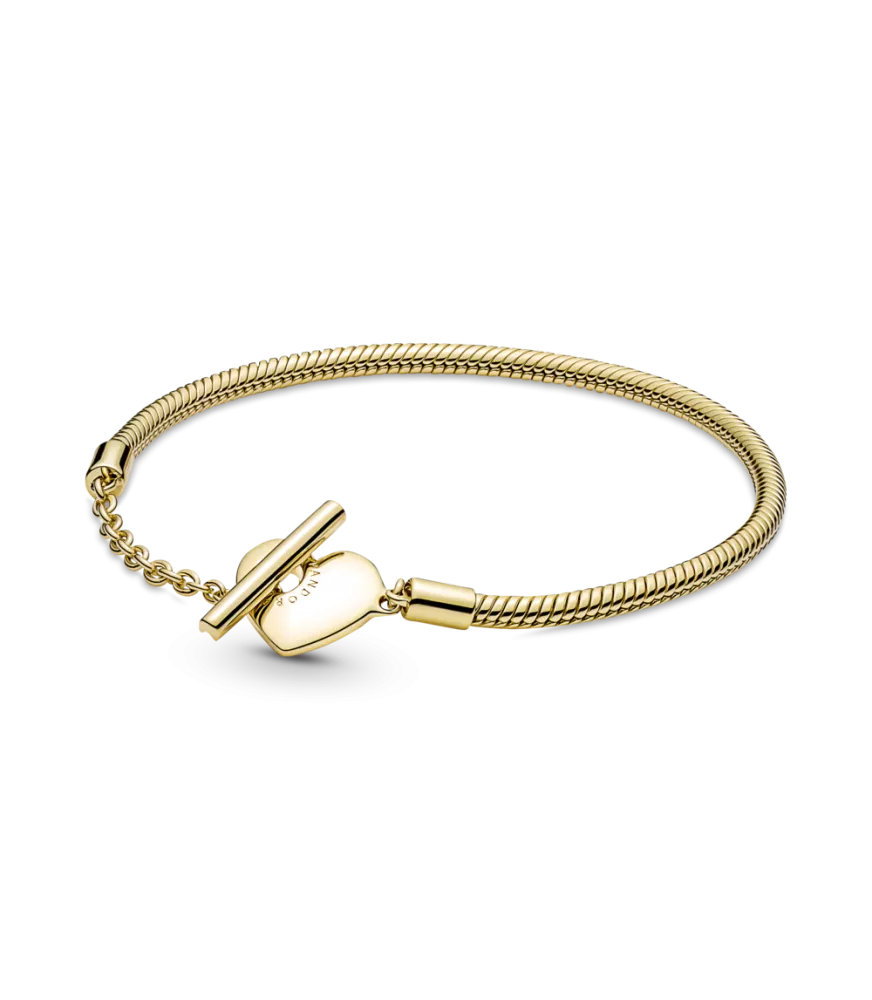 Pulsera Pandora Moments con un recubrimiento en oro de 14k Cadena de Serpiente con Cierre en T y Corazón