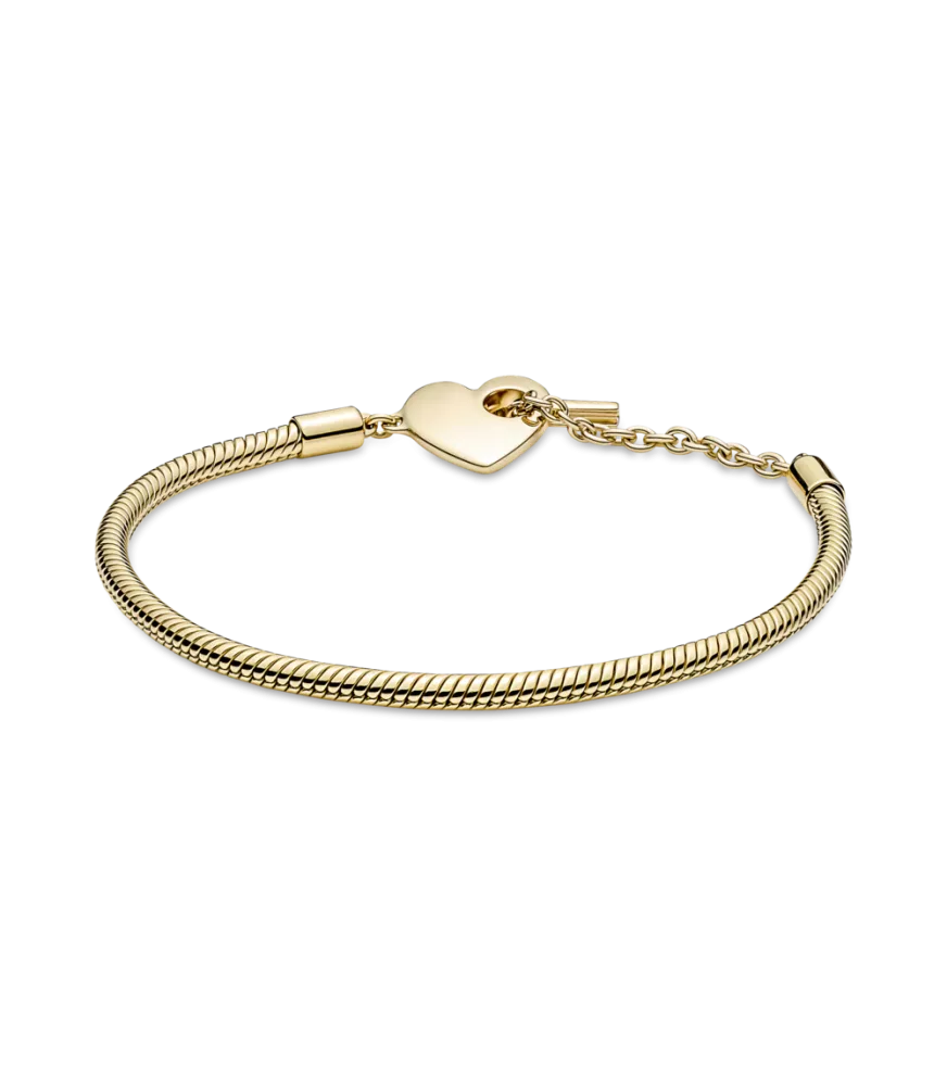 Pulsera Pandora Moments con un recubrimiento en oro de 14k Cadena de Serpiente con Cierre en T y Corazón
