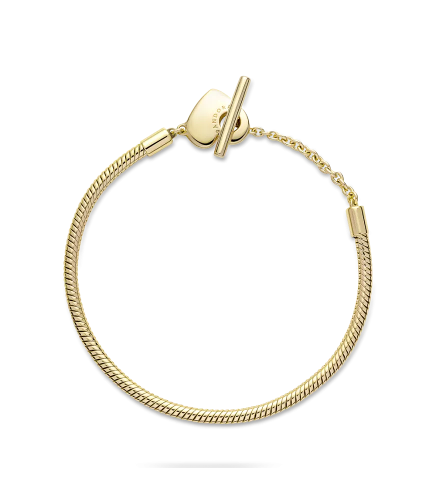Pulsera Pandora Moments con un recubrimiento en oro de 14k Cadena de Serpiente con Cierre en T y Corazón