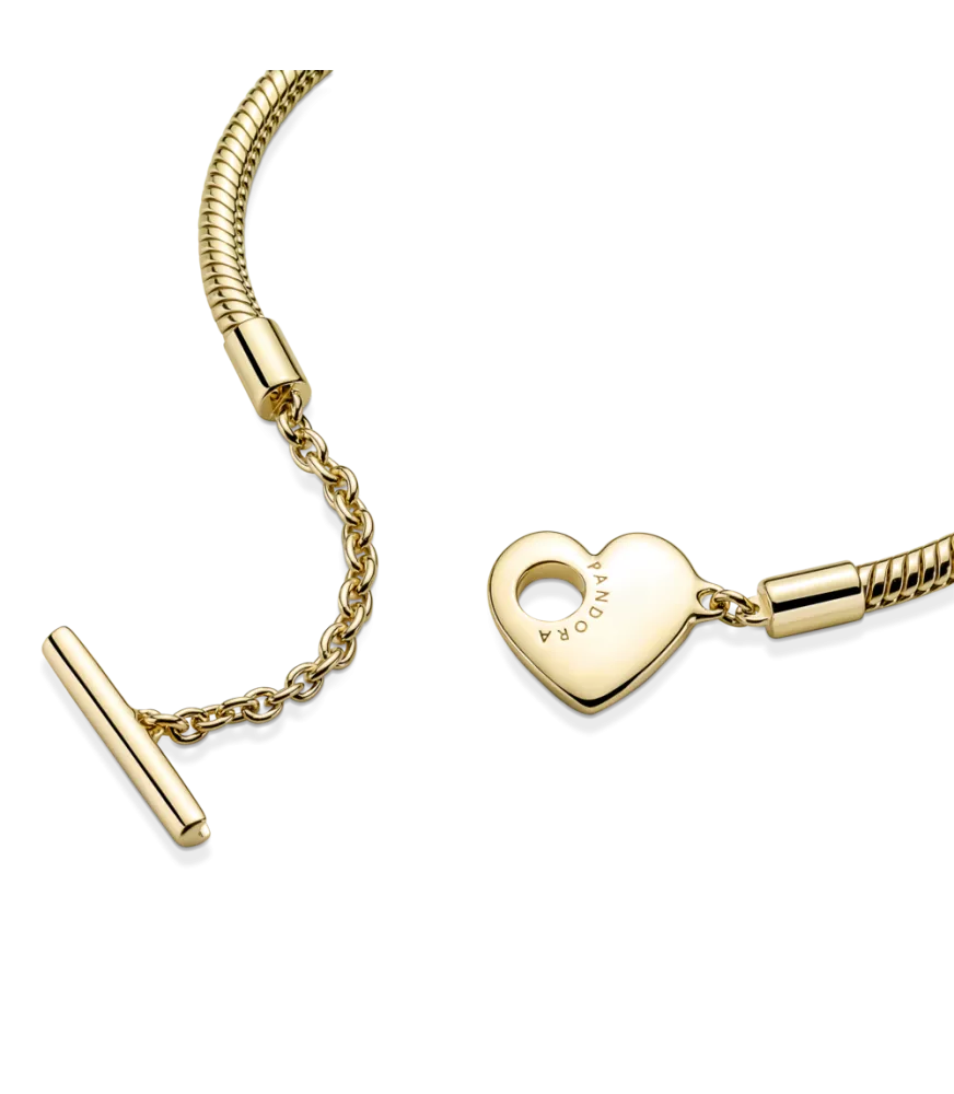 Pulsera Pandora Moments con un recubrimiento en oro de 14k Cadena de Serpiente con Cierre en T y Corazón