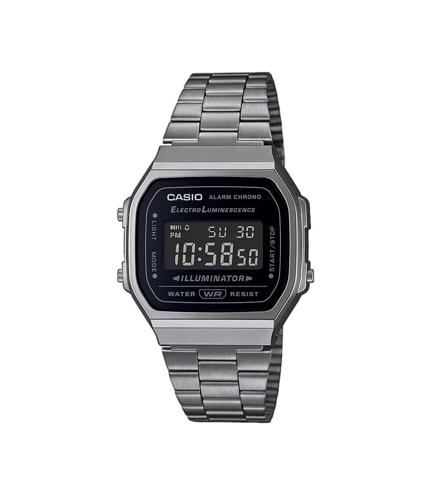 Reloj Casio vintage digital, con esfera negra y brazalete de acero.