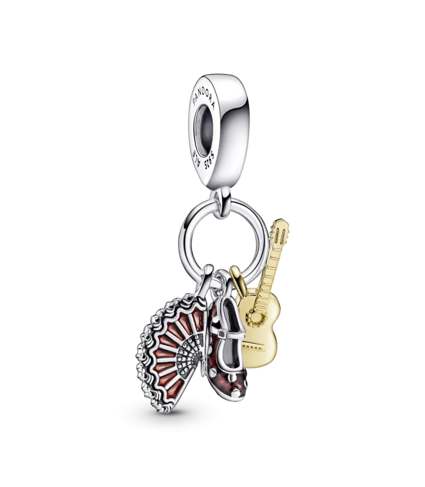Charm Colgante en plata de ley y oro de 14k Guitarra Española, Zapato Flamenco & Abanico