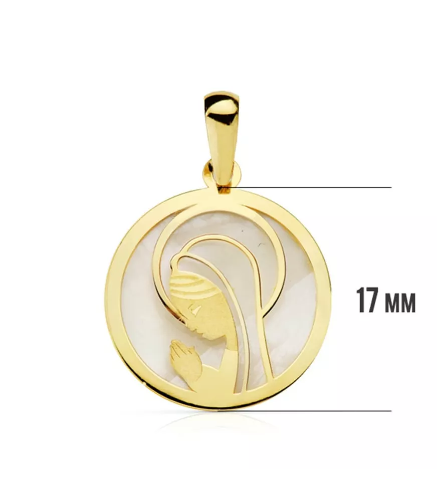 18K MEDALLA VIRGEN NIÑA NACAR REDONDA 17MM.