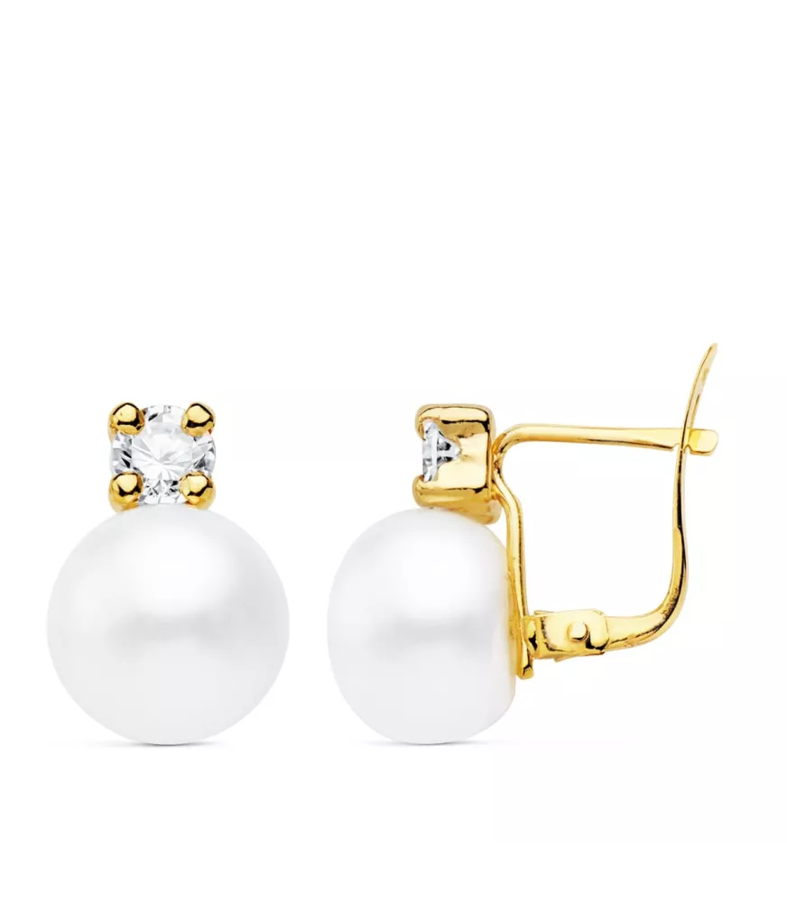 Pendientes de comunión oro y perla cierre catalán y circonita en garra
