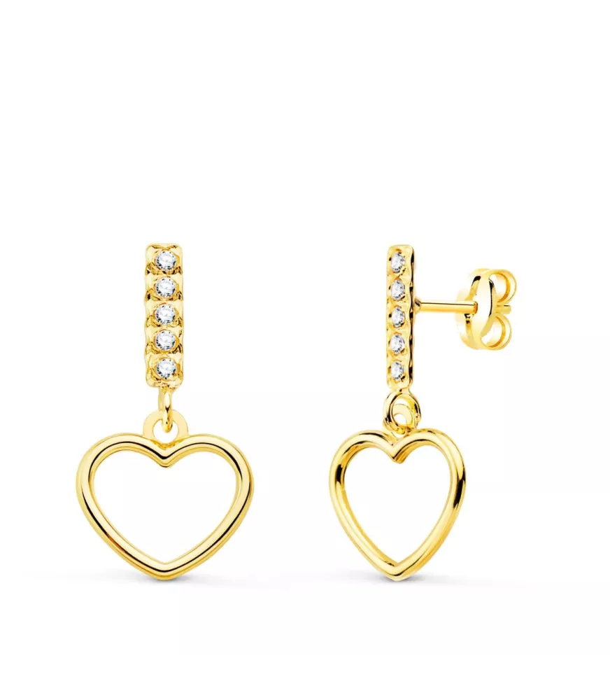 Pendientes largos de oro, comunión, con circonitas y colgante corazón