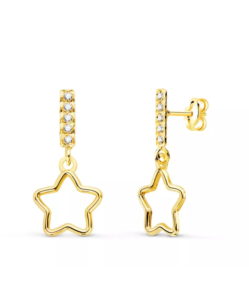 Pendientes largos de oro, comunión, con circonitas y colgante estrella