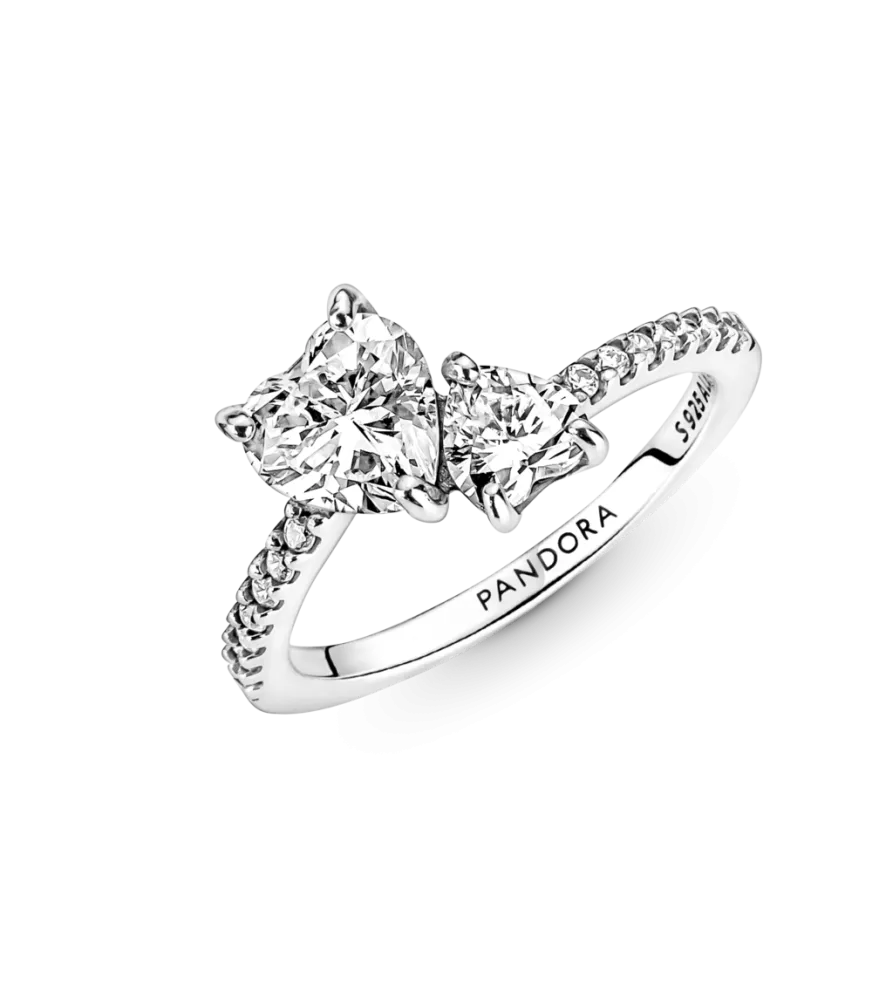 Anillo en plata de ley Doble Corazón Brillante