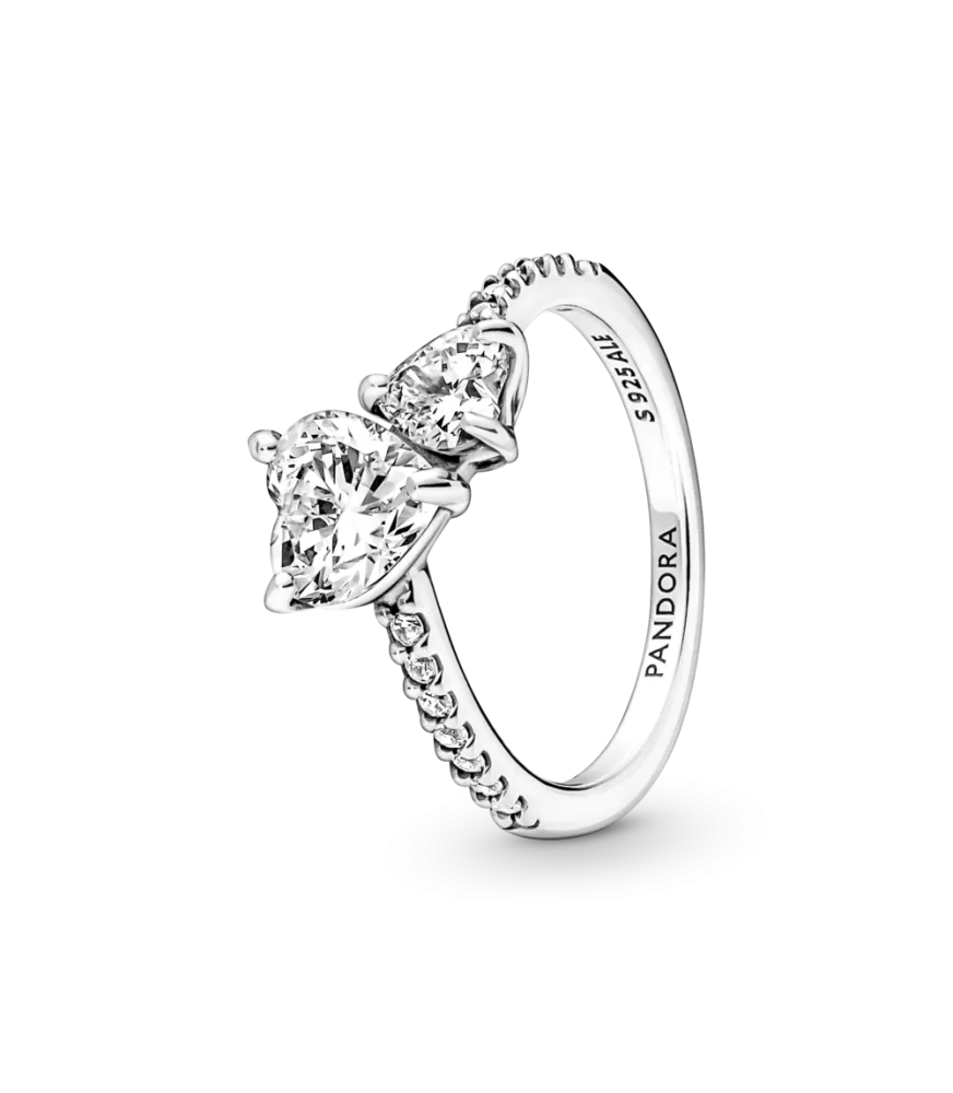 Anillo en plata de ley Doble Corazón Brillante