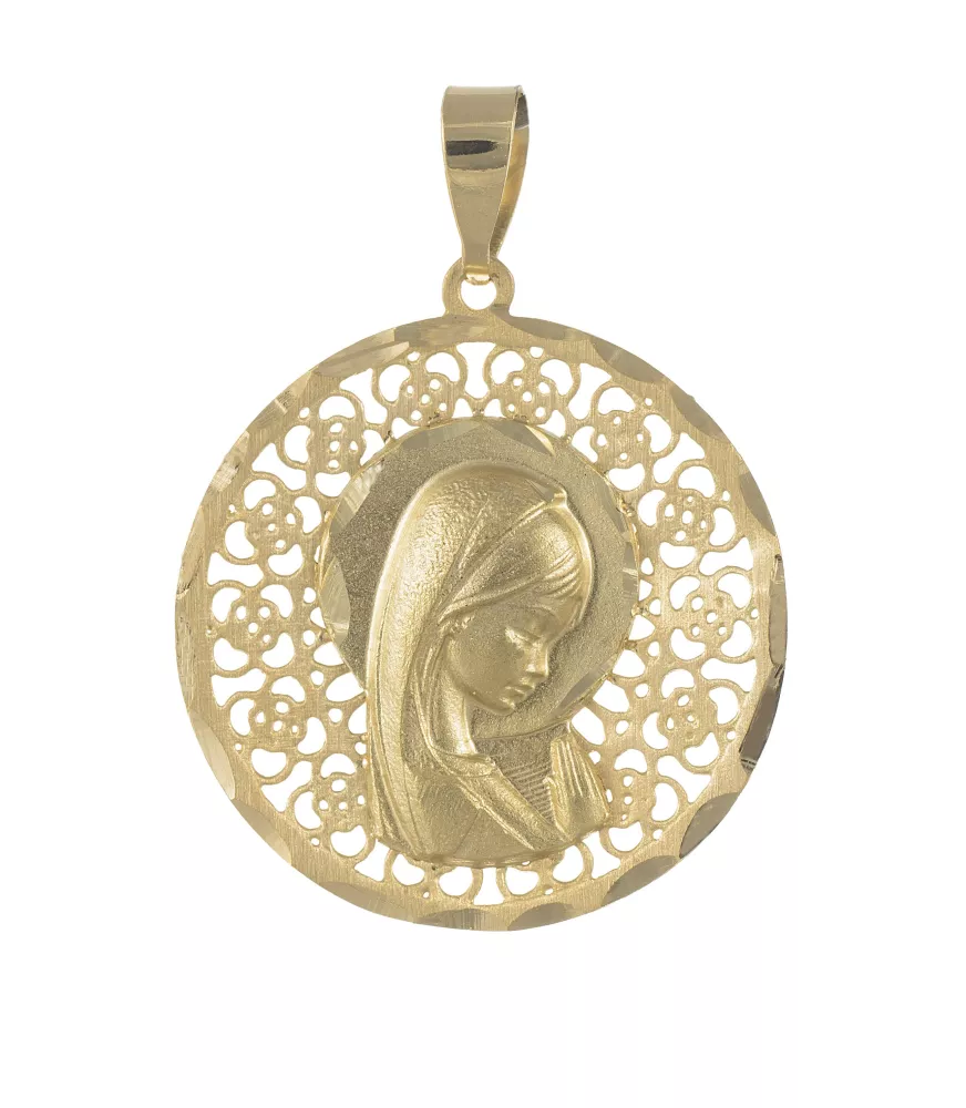 18K MEDALLA VIRGEN NIÑA CALADA REDONDA FLORES 19MM.