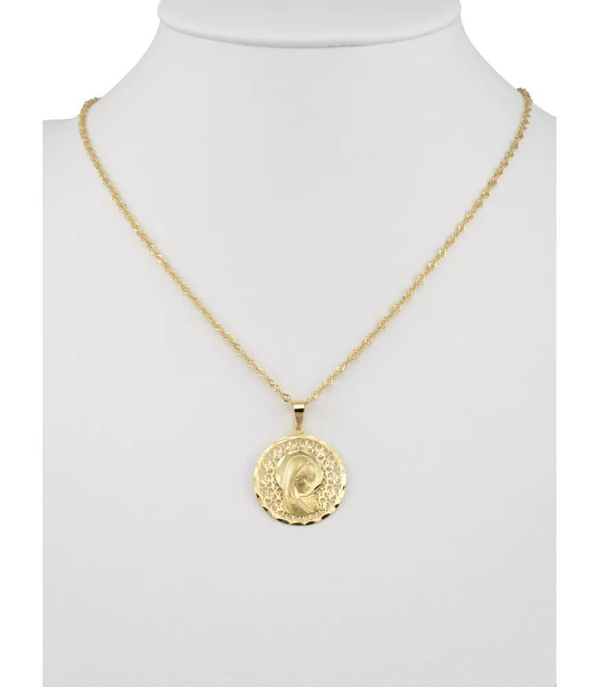 18K MEDALLA VIRGEN NIÑA CALADA REDONDA FLORES 19MM.