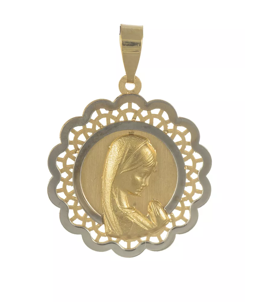 18K MEDALLA VIRGEN NIÑA BICOLOR BISEL ONDAS 17MM.