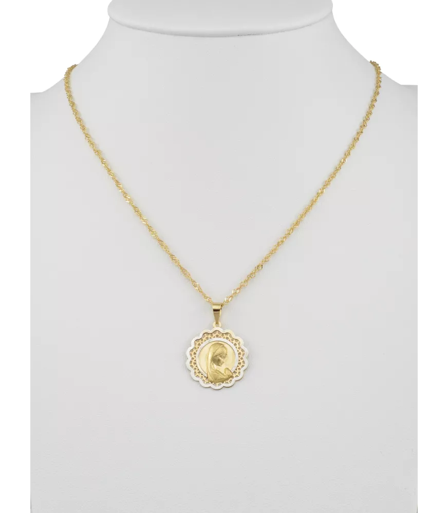 18K MEDALLA VIRGEN NIÑA BICOLOR BISEL ONDAS 17MM.