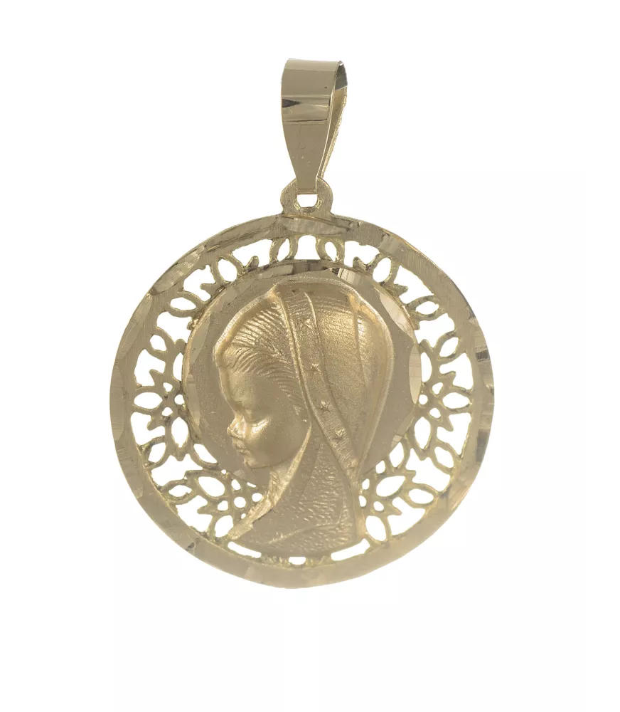 18K MEDALLA VIRGEN NIÑA CALADA REDONDA FLORES 17MM.