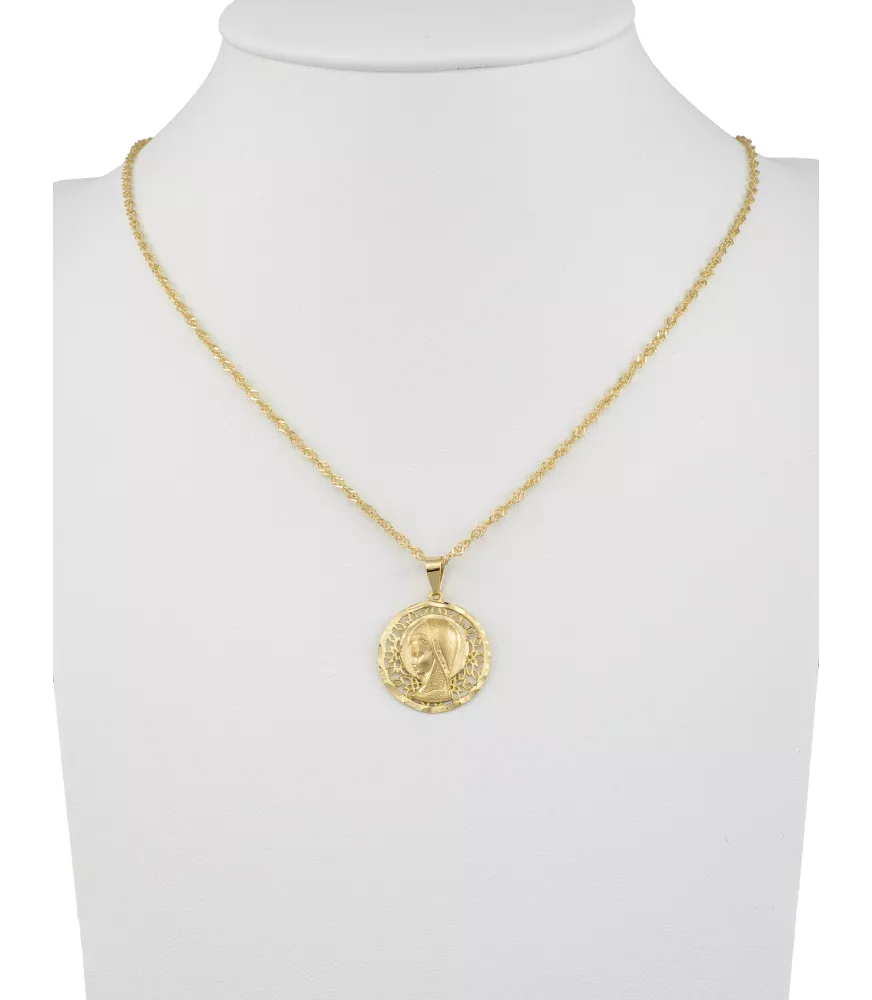 18K MEDALLA VIRGEN NIÑA CALADA REDONDA FLORES 17MM.
