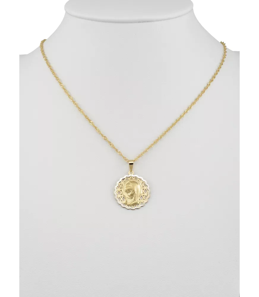 18K MEDALLA VIRGEN NIÑA BICOLOR BISEL ONDAS 17MM.