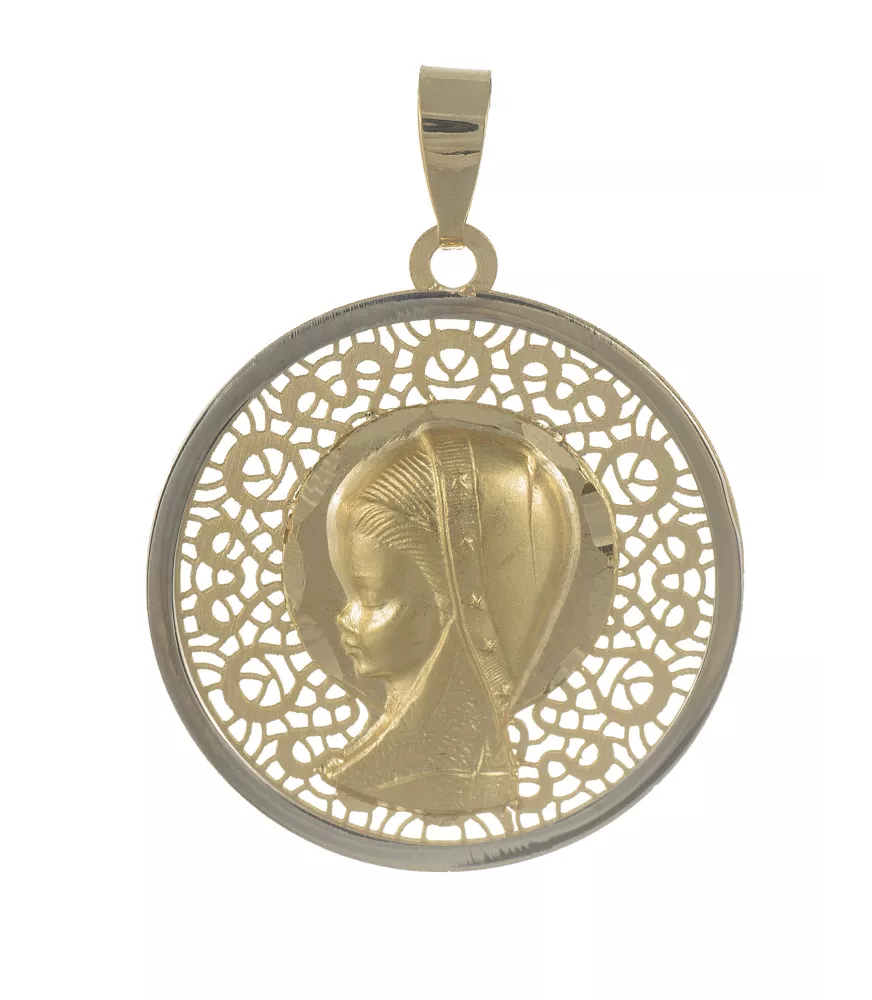 18K MEDALLA VIRGEN NIÑA REDONDA BICOLOR CALADA 20MM.