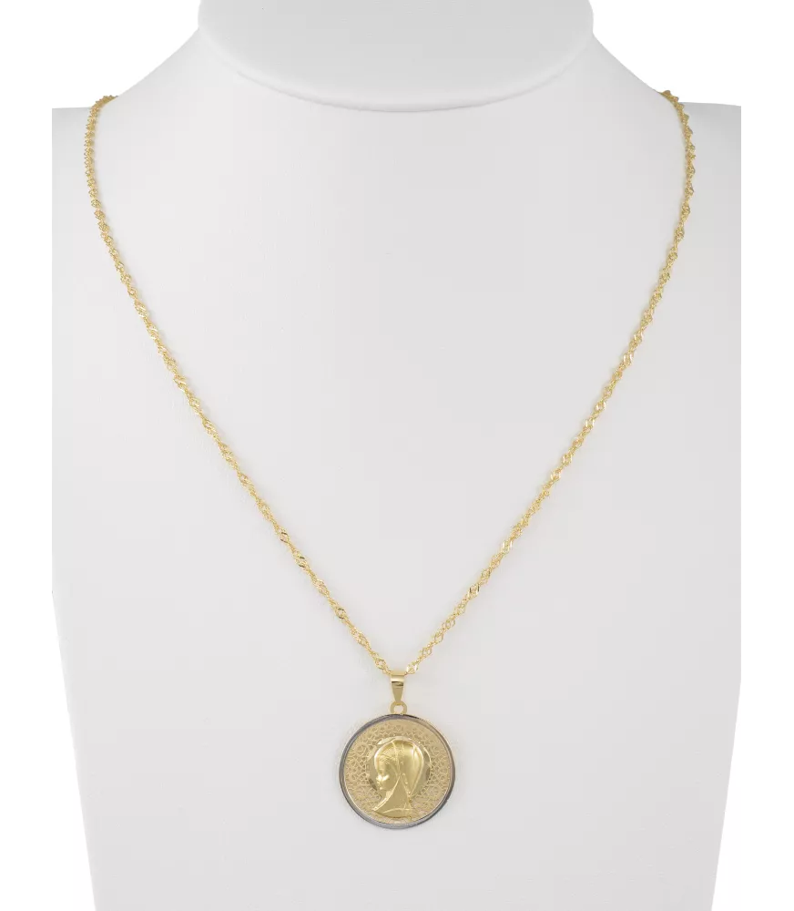 18K MEDALLA VIRGEN NIÑA REDONDA BICOLOR CALADA 20MM.