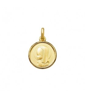 Medalla Oro 18K Fonde Nácar Virgen Niña Redonda 17mm Bisel Liso 