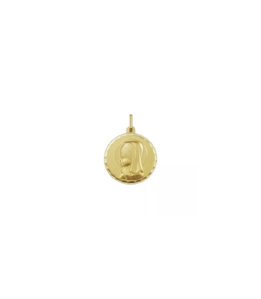 18K MEDALLA REDONDA VIRGEN NIÑA BISEL FACETADO 16 MM