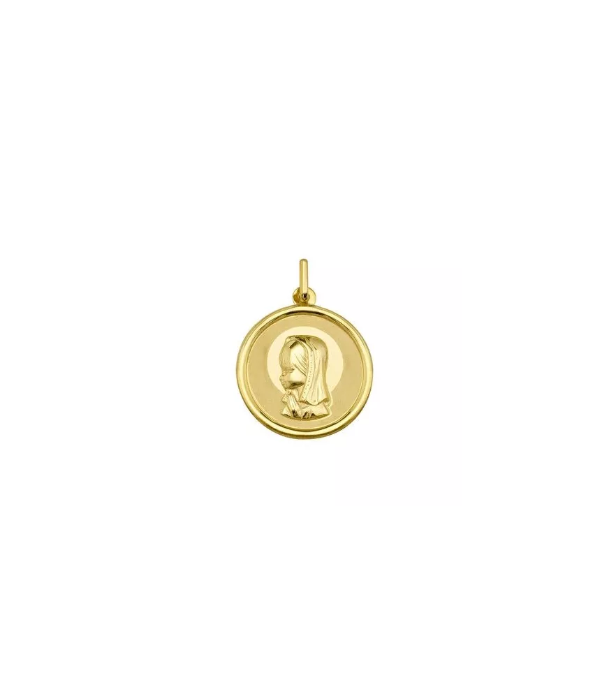 18K MEDALLA REDONDA VIRGEN NIÑA BISEL LISO 15 Y 18 MM