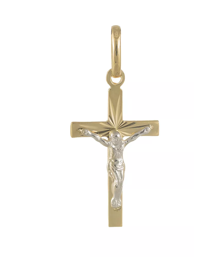 18K CRUZ BICOLOR CON CRISTO EN ORO BLANCO 25 MM X 14 MM 