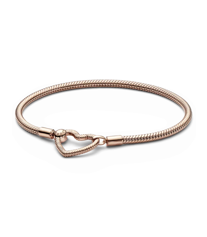 Pulsera Pandora Moments con un recubrimiento en oro rosa de 14k Cadena de Serpiente Cierre Corazón